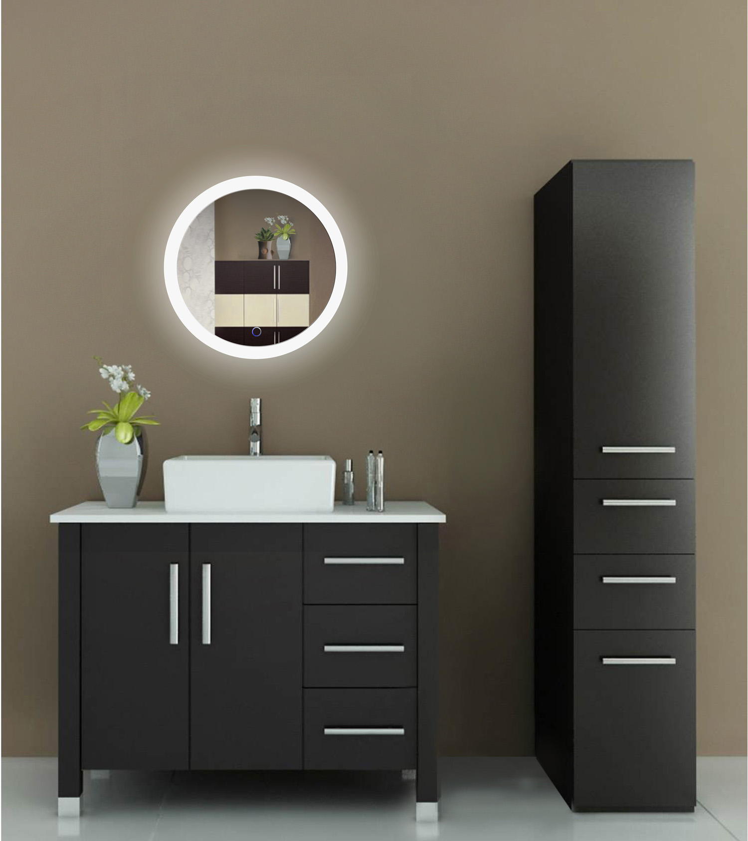 LED 22″ Round Bathroom Mirror Lighted With Dimmer & Defogger