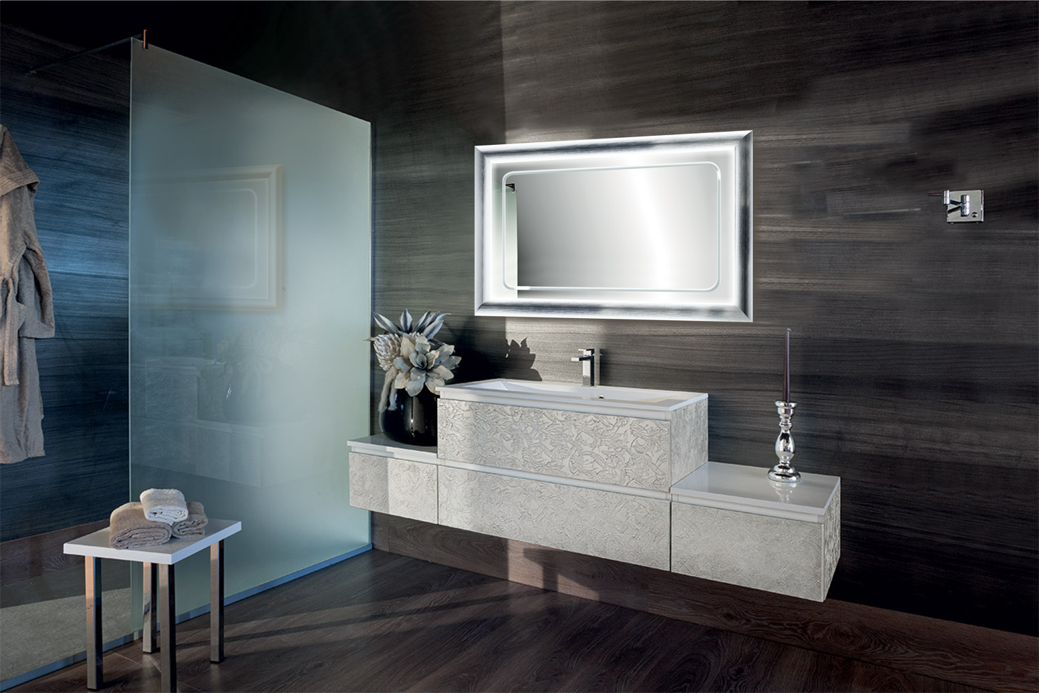 Led Lighted 48 Inch X 30 Bathroom Silver Frame Mirror With Small Img