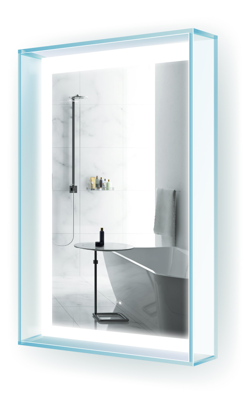 LED Bathroom Mirror 20 Inch X 31 Inch | “GlasHaus” Lighted Vanity Mirror w Glass Frame & Shelf | Dimmer | Wall Mount