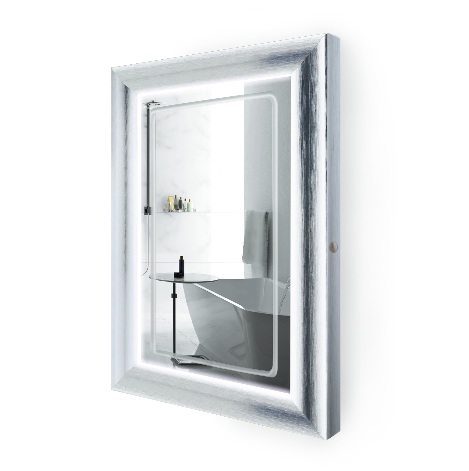 LED Lighted 24 Inch x 36 Inch Bathroom Silver Frame Mirror with Defogger